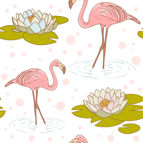Flamingo rosa com flor de lírio de água textura sem costura — Vetor de Stock