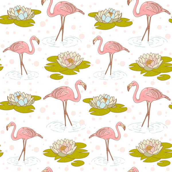 Pink flamingo with water lily flower seamless texture — Stock Vector