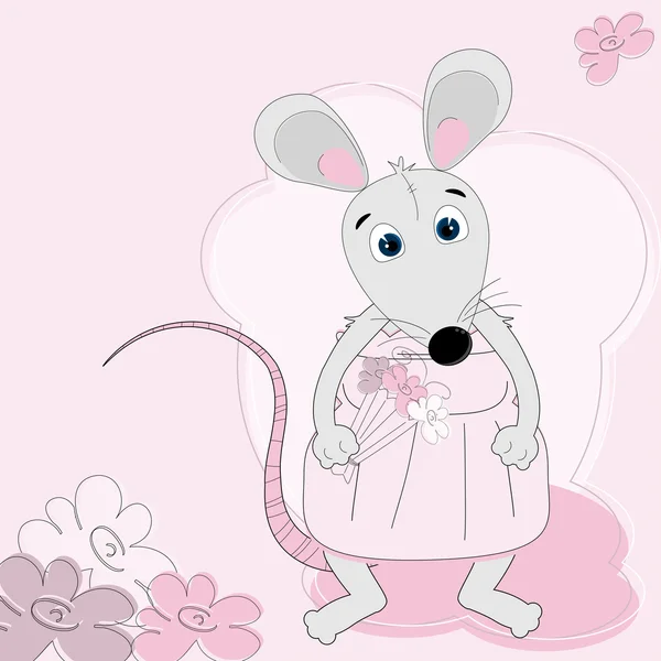 Menina bonito mouse com flores — Vetor de Stock