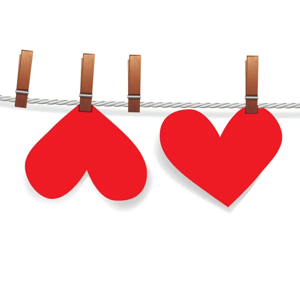 Piros papír szív csatolni a szárítókötél, PIN-kóddal — Stock Vector