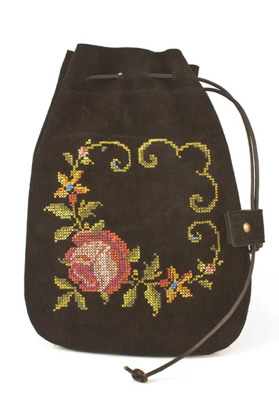 Δερμάτινη τσάντα πουγκί δέσιμο με δερμάτινο κορδόνι — Φωτογραφία Αρχείου