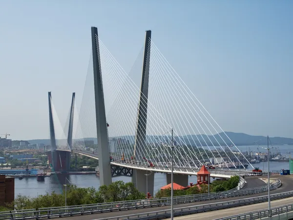 Καλώδιο-μένοντη γέφυρα σε το Βλαδιβοστόκ στον κόλπο χρυσό κέρατο — Φωτογραφία Αρχείου