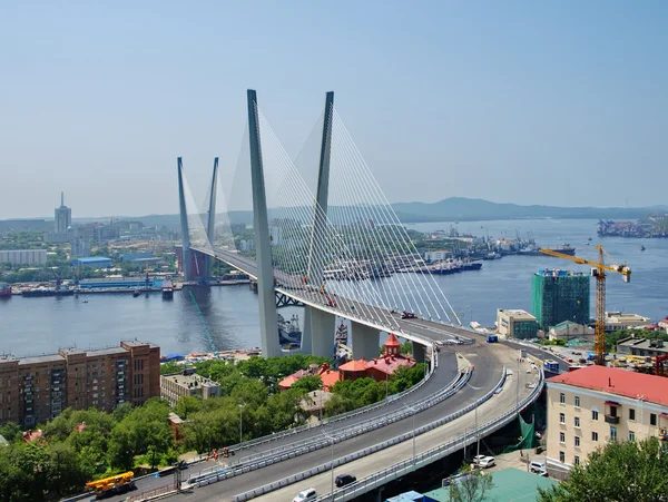 Guyed bridge in the Vladivostok over the Golden Horn bay Stok Fotoğraf
