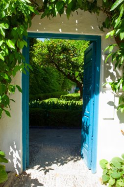 Door to garden with orange tree clipart