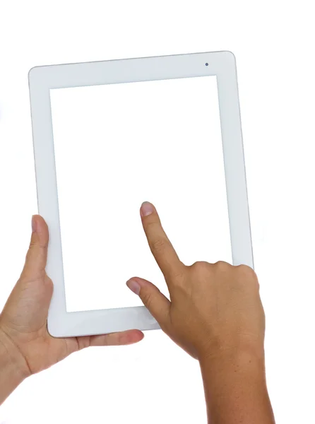 Mani che tengono e puntano al moderno tablet PC — Foto Stock
