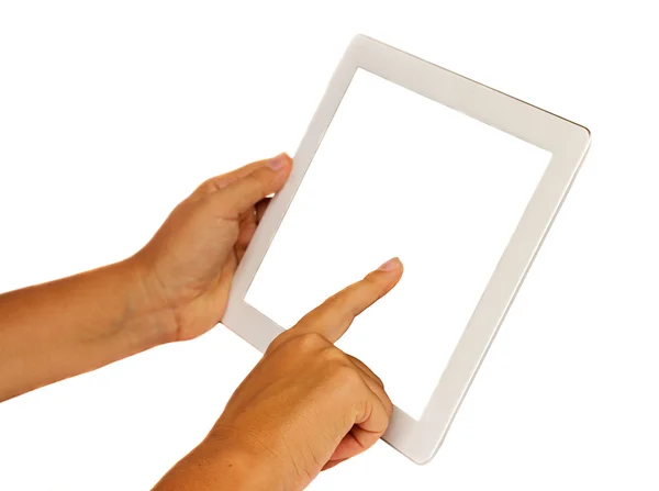 Mani che tengono e puntano al moderno tablet PC — Foto Stock