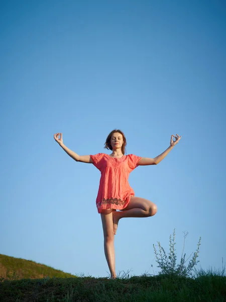 Stock image The woman meditates in a tree pose