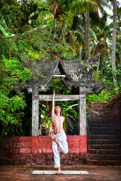 Йога возле храма в джунглях — стоковое фото