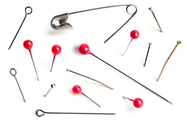 Collection of various pushpins on white background. — Stock Photo, Image