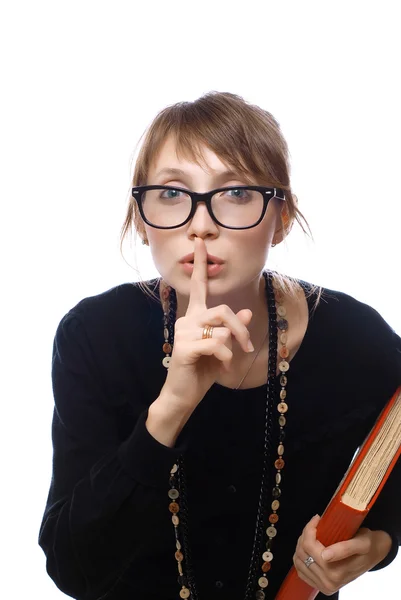 Lärare med glasögon frågar tystnad — Stockfoto
