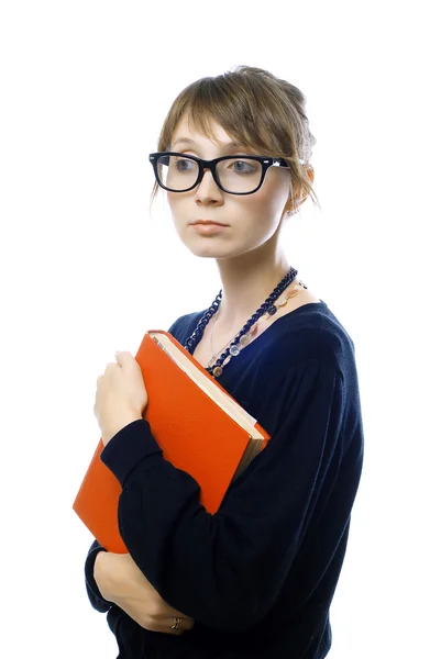 Jeune fille avec livre rouge dans les lunettes — Photo