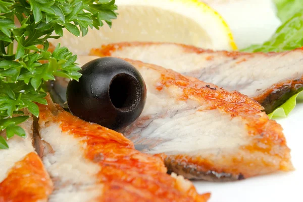 Sliced fish with olive — Stock Photo, Image