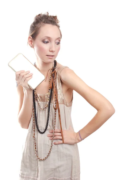 Schoonheid meisje met portemonnee op witte achtergrond — Stockfoto