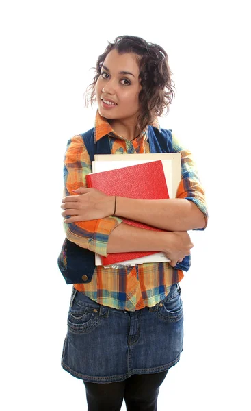 Diák könyvvel a kezében, elszigetelt fehér háttér felett. — Stock Fotó