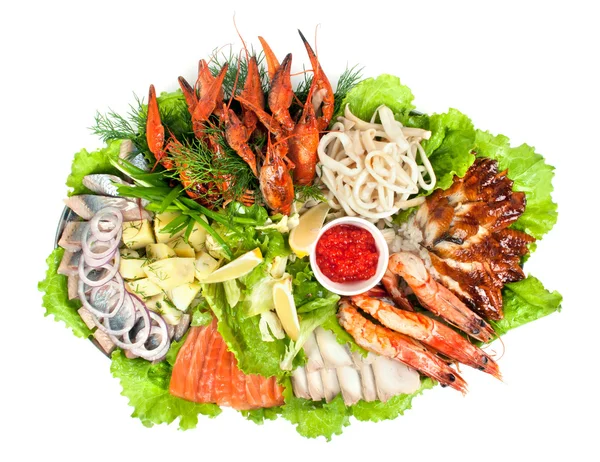 Förrätt närbild av olika skaldjur och grönsaker — Stockfoto