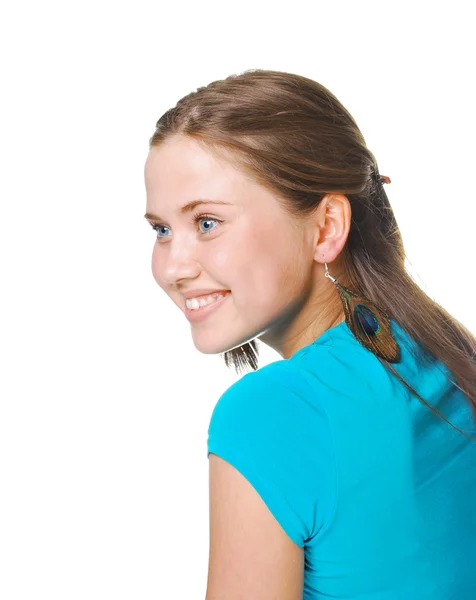 Šťastná mladá žena s úsměvem izolované na bílém pozadí — Stock fotografie