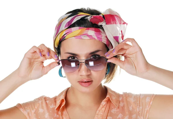 Menina bonita em óculos contra fundo branco isolado — Fotografia de Stock