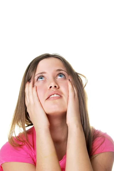Woman with headache holding her head with hands Stock Image