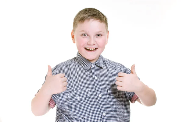 Boy with his hands rise up as a sign of everything cool — Stock Photo, Image