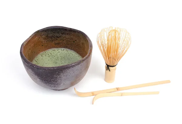 Colheres de bambu e chá verde — Fotografia de Stock