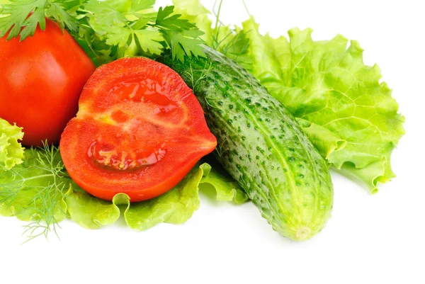 Fresh vegetables (salad, cucumber, lettuce) isolated on white — Stock Photo, Image