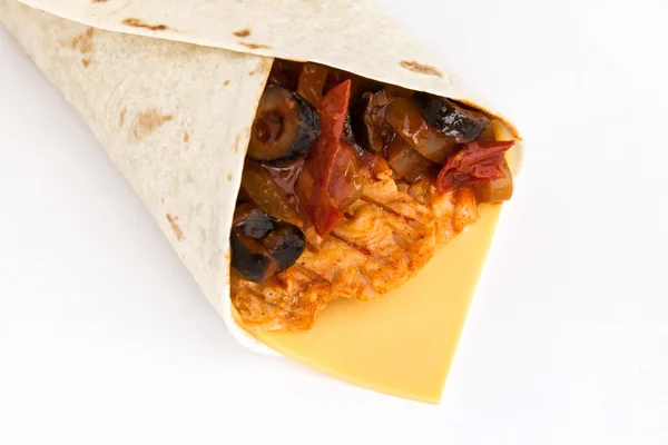 Roll from lavash with chicken, cheese and vegetables — Stock Photo, Image