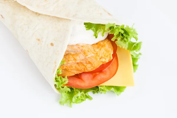 Roll from lavash with chicken, cheese and vegetables — Stock Photo, Image
