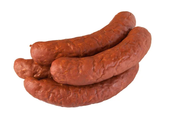 Pile meat flavour sausages on white — Stock Photo, Image