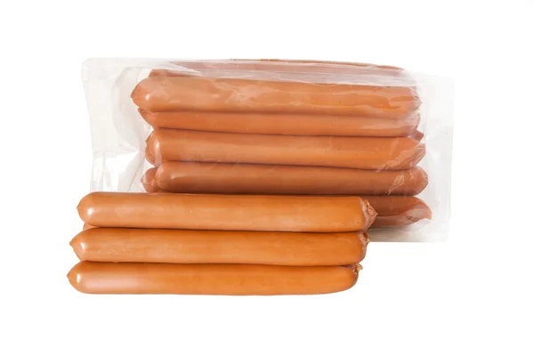 Pile meat flavour sausages in packing — Stock Photo, Image