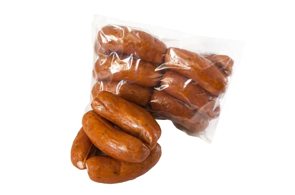 Pile meat flavour sausages on white — Stock Photo, Image