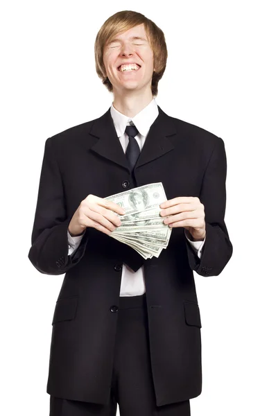 Jovem homem de negócios bonito segurando dinheiro — Fotografia de Stock
