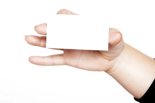 Empty business card in woman’s hand — Stock Photo, Image
