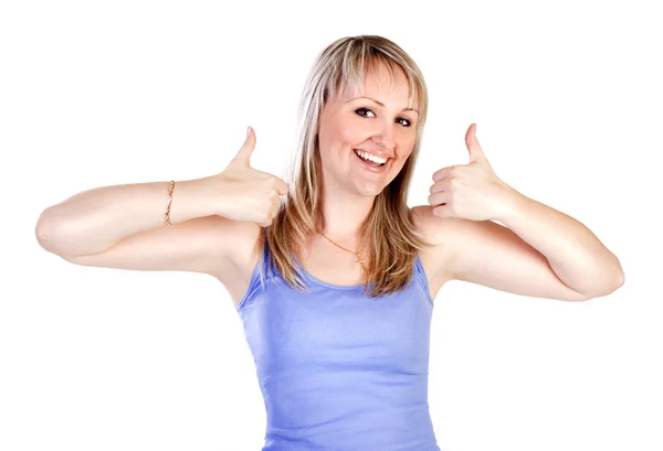 Úspěch žena ukazující ruka ok znamení — Stock fotografie