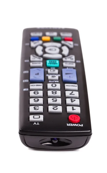 TV preta controle remoto isolado no fundo branco — Fotografia de Stock