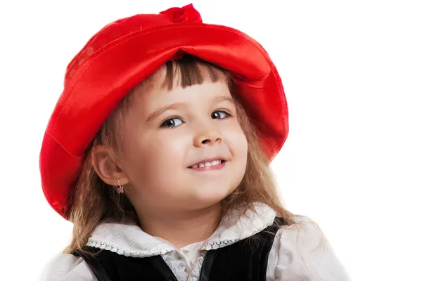 Dziecko w mały portret kaptur konną czerwony na białym tle — Zdjęcie stockowe
