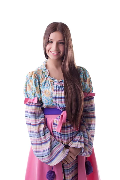 Bonito sorriso menina - traje tradicional russo — Fotografia de Stock
