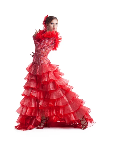Kırmızı kostümlü izole kadın flamenko dansçısı — Stok fotoğraf