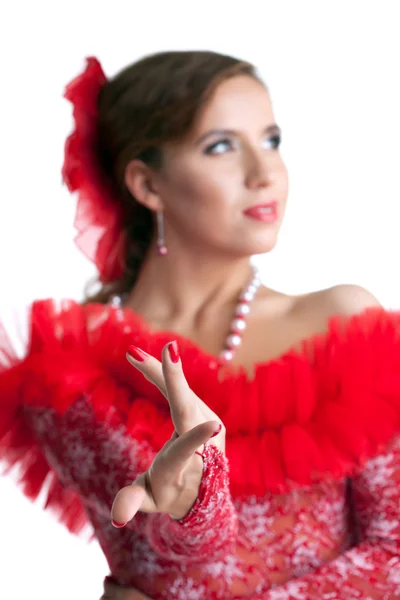 Pretty woman in red dress performing flamenco — Stock Photo, Image