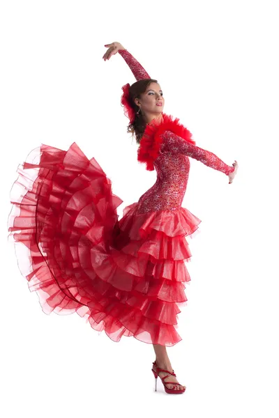 Femme en robe rouge jouant du flamenco — Photo