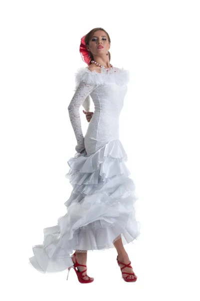 Pretty woman in white dress performing flamenco — Stock Photo, Image