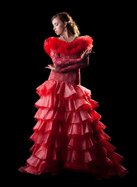 Passion kvinna flamencodansare i röd dräkt — Stockfoto
