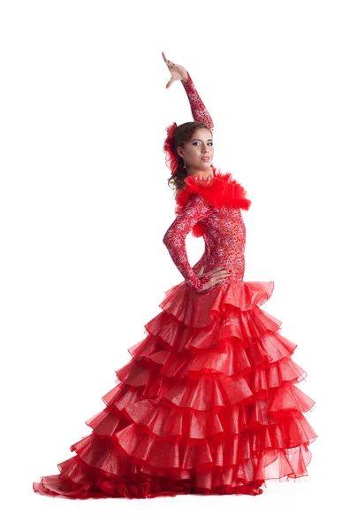 Młoda kobieta w strojach flamenco czerwony na białym tle — Zdjęcie stockowe