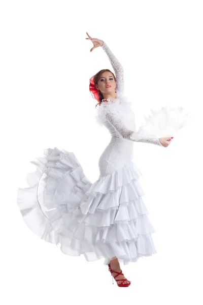 Beyaz kostüm izole kadın flamenko dansçısı — Stok fotoğraf