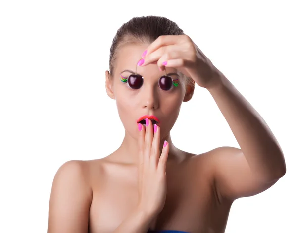 Scared cute woman take ripe cherry with blindness — Stock Photo, Image