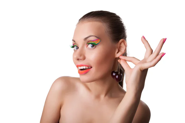 Beauty woman take ripe cherry like ament — Stock Image Beauty woman take ripe cherry like ament Stock Image