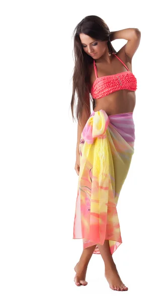 Young woman posing in rose swimsuit and cape — Stock Photo, Image