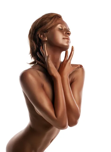 金属の皮膚を持つ完璧な若い女性の肖像画 — ストック写真