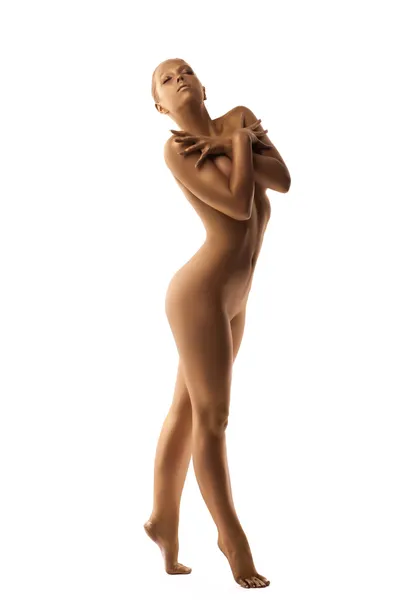 Beauty naked woman body like metal statue — Stock Photo, Image