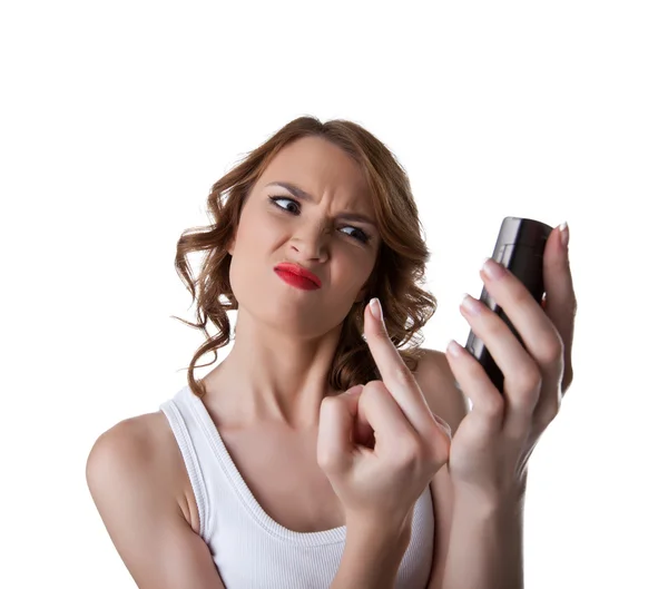 Hněv mladá žena Ukázat kurva prst na mobil — Stock fotografie
