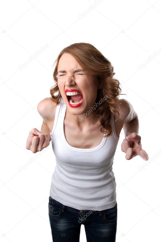 Aggressive woman in tank top cry isolated
